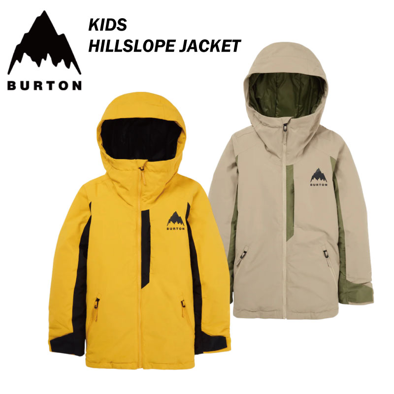 ●ブランド：BURTON バートン ●商品名：HILLSLOPE JACKET 　ヒルスロープジャケット KIDS　キッズ ユース ウインター スノーボードジャケット. インサレーション入りの2レイヤー、防水性に優れた（15,000mm）キッズ用ジャケット かわいいキッズに大人顔負けのスタイルと機能を。シンプルでミニマルな見た目に騙されてはいけません。キッズ Burton ヒルスロープ ジャケットには、山での一日を快適に過ごせる機能とテックが満載。お気に入りのフリースとレイヤリングすれば、暖かくドライにキープし、トドラー達も一日中快適に過ごせます。 Room-to-Growでちょうど良いフィット タイトでもルーズでもない、ちょうど良いフィットで、成長に合わせて裄丈を5cm伸ばせるRoom-To-Growシステムを採用。レイヤリングしやすく動きやすいゆとりのあるシルエットです。 インサレーションの保温性と耐水性 シームテープ加工を施した耐久性、防水性、透湿性に優れた2レイヤー構造で、風、雪、雨をシャットアウト。透湿性に優れたThermacoreECOインサレーションが、かさばったり動きを妨げたりすることなく抜群の暖かさを発揮。リサイクル素材を95%以上使用しています。 すっきりとしたラインと便利なポケット 内側のメッシュダンプポケット、胸元のヘッドホンケーブルポート付きジップポケット、マイクロフリースライナー付きジップハンドウォーマーポケット、袖のジップ付きパスポケットなど、アクセスしやすいポケットを備えています。 細かなディテールがモノをいう 2ウェイのフロントジップ、調節可能な袖口、ドローコードで調節可能な裾、摩擦を軽減するチンガード、ジャケットとパンツをつなぐインターフェイスが付いた内臓ウエストゲーター、ベルクロのグローブアタッチメントなど、雪山でのライティングを快適に楽しめる機能が満載です。 環境への影響を軽減 bluesign認証製品では、責任を持って生産された素材やPFCフリーの撥水加工を使用することで、生産工程での人や地球への負担を削減しています。 保温性 ThermacoreEco 120g 耐水圧 15,000mm 透湿性 15,000g 素材 DRYRIDE™ 2レイヤー リサイクルポリエステル100%プレーンウーブンプリント素材、DRYRIDE™ 2レイヤー ナイロンウーブン素材 [City Streets / True Black] DRYRIDE™ 2レイヤー リサイクルポリエステル100%プレーンウーブンプリント素材 [Oversized Tropical、Wildcat Floral] DRYRIDE™ 2レイヤー ナイロンウーブン素材 [True Black、Imperial Purple、Goldenrod / True Black、Twilight Blue、Summit Taupe / Forest Moss] ライナー タフタライナー、マイクロフリース素材のバックパネル 特性と機能 ベルクログローブアタッチメント 調節可能な袖口 摩擦を軽減するチンガード ジャケットとパンツをつなぐスナップボタンが付いた撥水パウダースカート Room-To-Grow™システム ユニセックススタイル ハンドウォーマーポケット内のドローコードで調節可能な裾 全ての縫い目にシームテープ加工 YKK®ジップ PFASを意図的に添加していないメンブレン / 撥水加工 フード 伸縮素材のフードゲーターとクラウン調節機能が付いたヘルメット対応Contour™フルタイムフード ポケット マイクロフリースライナーのジップハンドウォーマーポケット 袖のジップパスポケット 内側のメッシュダンプポケット ヘッドホンケーブルポート付きジップ胸ポケット 保証 ライフタイムワランティ対象 当店は正規販売店です。 【ご確認下さい】 カタログ及びサンプル画像と細部が予期なく変更になる場合がございます。 発売予定後、生産中止になる場合が稀にありますのでご了承ください。 ----------ご注意---------- ご注文後の返品・キャンセル・交換は一切受け付けておりませんので、予めご了承下さい。 モニターによって色の見え方が実物と異なる場合がございます。 他店舗でも販売しておりますので、タイミング悪く売り違える場合がございますのでご了承下さい。 在庫には展示販売品も含まれている場合があります。気になる方はお問い合わせ下さい。 送料無料で送付先が北海道・離島の場合は500円、沖縄の場合は1,000円の別途送料を加算させて頂きますのでご了承下さいますようお願い申し上げます。（税別） 注文時は送料無料となりますが訂正し改めてメールでご案内となりますのでご注意下さい。 メーカー希望小売価格はメーカーカタログに基づいて掲載しています