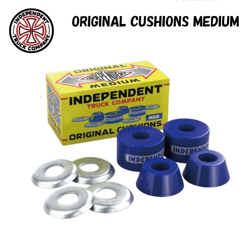 ●ブランド：INDEPENDENT インディペンデント ●商品名：ORIGINAL CUSHIONS BLUE- MEDIUM メール便での発送をご希望の場合クリアケースは付属しません。 ご了承ください。 モデル：92A MEDIUM GENUINE PARTS ORIGINAL CUSHIONS BLUE カラー：ブルー 硬さ：ミディアム(92A) Stage 1～Stage 7まで対応 セット内容 トップクッション：2個 ボトムクッション：2個 カップワッシャー：4枚 INDEPENDENTオリジナルクッションは スナップ・安定性・反発性に 優れた高反発ウレタンを使用したクッション。 硬さは3種類で、 90A(レッド)/92A(ブルー)/94A(ブラック)から お好みの硬度をお選びいただけます。 INDEPENDENTトラックStage1～Stage7まで対応。 *INDEPENDENT STAGE11シリーズには取付できませんのでご注意ください。 *仕様は予告なく変更される場合があります。 *PCモニターにより若干色が違って見えることがあります。 当店は正規販売店です。 ----------ご注意---------- ご注文後の返品・キャンセル・交換は一切受け付けておりませんので、予めご了承下さい。 モニターによって色の見え方が実物と異なる場合がございます。 他店舗でも販売しておりますので、タイミング悪く売り違える場合がございますのでご了承下さい。 在庫には展示販売品も含まれている場合があります。気になる方はお問い合わせ下さい。 送料無料で送付先が北海道・離島の場合は500円、沖縄の場合は700円の別途送料を加算させて頂きますのでご了承下さいますようお願い申し上げます。（税別） 注文時は送料無料となりますが訂正し改めてメールでご案内となりますのでご注意下さい。 メール便ご希望の場合、注文時は通常の送料となりますが受注後に送料を訂正しご連絡致しますのでご安心下さい。 メーカー希望小売価格はメーカーカタログに基づいて掲載しています