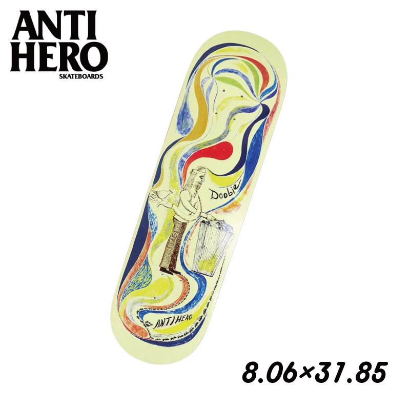 ●ブランド：ANTIHERO アンチヒーロー ●商品名： DECK デッキ VICTOR PELLEGRIN（DOOBIE） 8.06"×31.85 WB＝14.38 1995年のブランド発足以降、世に流されず変わらぬハードコアスタイルを貫き通すSF発スケートボードカンパニー。 ボスのJulien Strangerを中心にSOTY受賞者Grant Taylor、Brian Anderson、Tony Trujilloの3名に加えRaney BeresやDaanなどの猛者が集う。 当店は正規販売店です。 【ご確認下さい】 カタログ及びサンプル画像と細部が予期なく変更になる場合がございます。 発売予定後、生産中止になる場合が稀にありますのでご了承ください。 ----------ご注意---------- ご注文後の返品・キャンセル・交換は一切受け付けておりませんので、予めご了承下さい。 モニターによって色の見え方が実物と異なる場合がございます。 他店舗でも販売しておりますので、タイミング悪く売り違える場合がございますのでご了承下さい。 在庫には展示販売品も含まれている場合があります。気になる方はお問い合わせ下さい。 送料無料で送付先が北海道・離島の場合は500円、沖縄の場合は1,000円の別途送料を加算させて頂きますのでご了承下さいますようお願い申し上げます。（税別） 注文時は送料無料となりますが訂正し改めてメールでご案内となりますのでご注意下さい。 メーカー希望小売価格はメーカーカタログに基づいて掲載しています