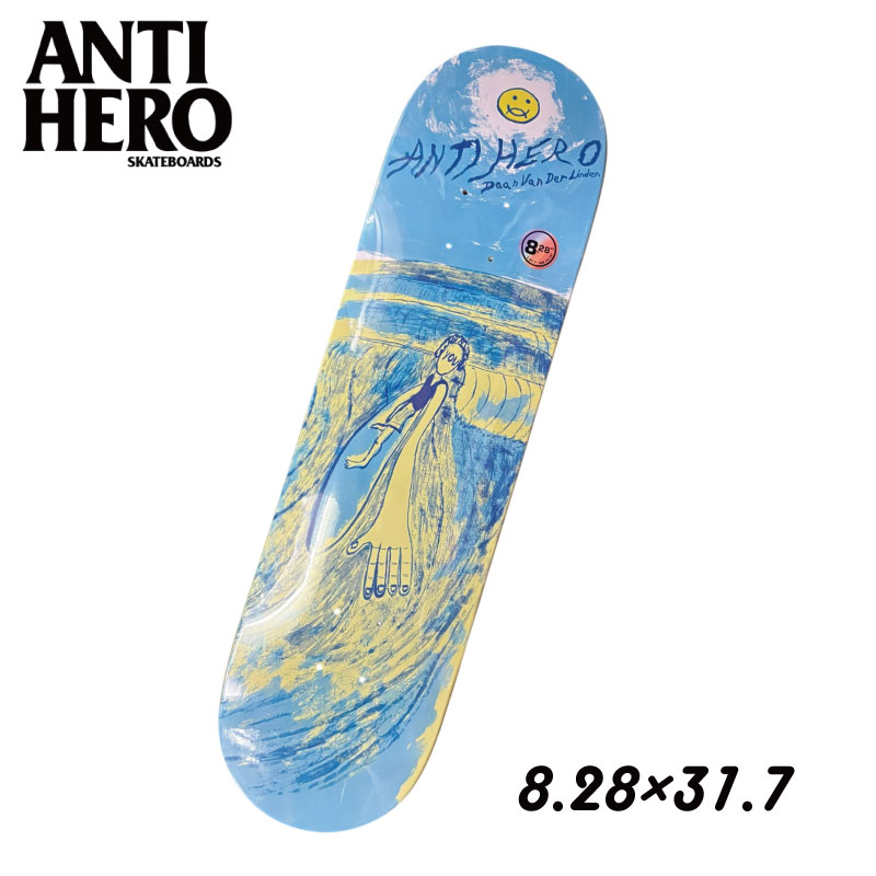 ●ブランド：ANTIHERO アンチヒーロー ●商品名： DECK デッキ DAAN V.D.L 8.28"×31.7 WB＝14.12 1995年のブランド発足以降、世に流されず変わらぬハードコアスタイルを貫き通すSF発スケートボードカンパニー。 ボスのJulien Strangerを中心にSOTY受賞者Grant Taylor、Brian Anderson、Tony Trujilloの3名に加えRaney BeresやDaanなどの猛者が集う。 当店は正規販売店です。 【ご確認下さい】 カタログ及びサンプル画像と細部が予期なく変更になる場合がございます。 発売予定後、生産中止になる場合が稀にありますのでご了承ください。 ----------ご注意---------- ご注文後の返品・キャンセル・交換は一切受け付けておりませんので、予めご了承下さい。 モニターによって色の見え方が実物と異なる場合がございます。 他店舗でも販売しておりますので、タイミング悪く売り違える場合がございますのでご了承下さい。 在庫には展示販売品も含まれている場合があります。気になる方はお問い合わせ下さい。 送料無料で送付先が北海道・離島の場合は500円、沖縄の場合は1,000円の別途送料を加算させて頂きますのでご了承下さいますようお願い申し上げます。（税別） 注文時は送料無料となりますが訂正し改めてメールでご案内となりますのでご注意下さい。 メーカー希望小売価格はメーカーカタログに基づいて掲載しています