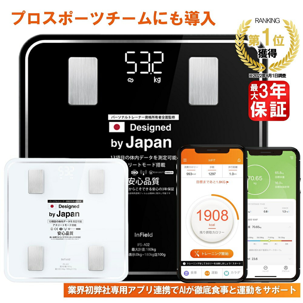 最大3年保証 ※楽天1位※AI× 体重計 体組織計 【トレーナー監修】体組成計 スマホ連動 体脂肪計 高精度 体重 体脂肪率 水分率 基礎代謝 送料無料 薄型 コンパクト 高性能 電池 体脂肪計付き体重計 ヘルスメーター おしゃれ シンプル 軽量 軽い 小さい