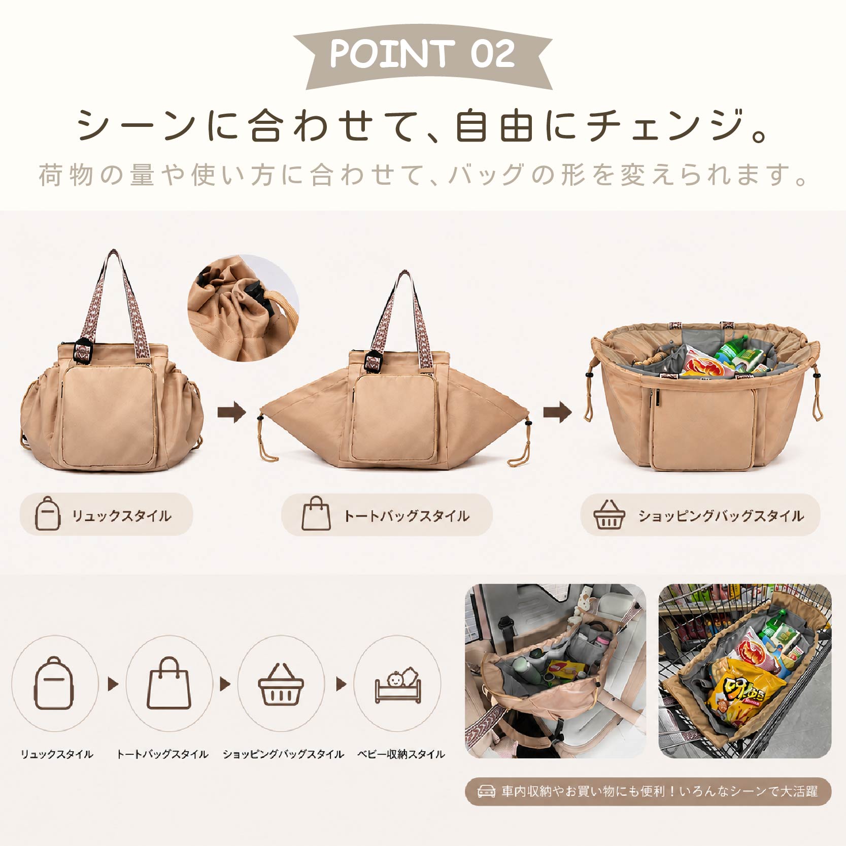 【100円オフ+最大P5】大容量バッグ 3WAY 多機能バッグ 旅行バッグ マザーズバッグ ママバッグ リュック トートバッグ ショルダーバッグ 軽量 約600g 15ポケット 撥水 高密度ナイロン キャリーオン 買い物かご対応 簡易ベッド 通勤 通学 旅行 帰省 出産祝い infinite-smile-10010510 infinitesmile サンプル画像3