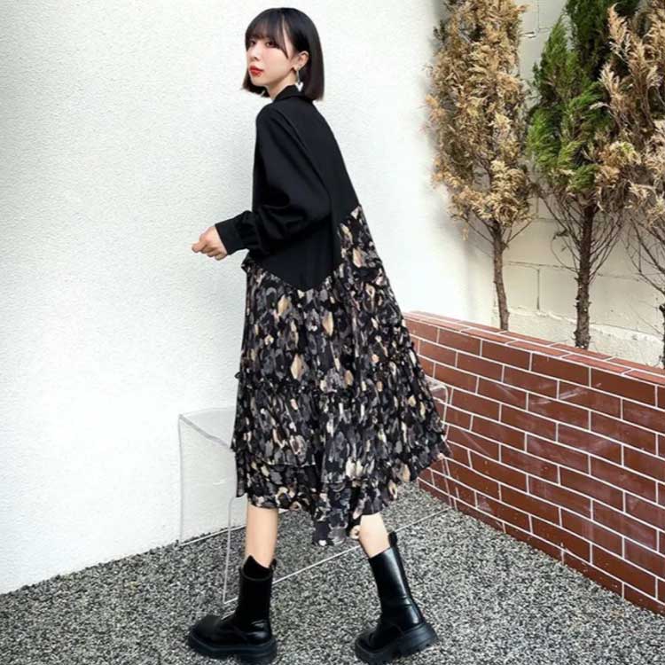 切り替え 花柄 ロングワンピース アシンメトリー Aラインワンピース ビッグシルエット 大きいサイズ シンプル 大人 ポロ襟 L 原宿系 シャツワンピース