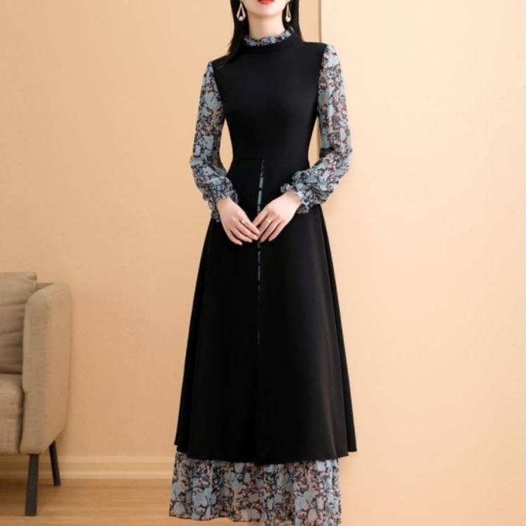 レイヤード風 小花柄 ワンピース 長袖 ゆったり 秋 マキシワンピース Aライン 大きいサイズ 春 体型カバー 3XL 卒業式 キャンディースリーブ ビッグスリット入り フェミニン 切り替え 演奏会 ママ M L XL 2XL かわいい