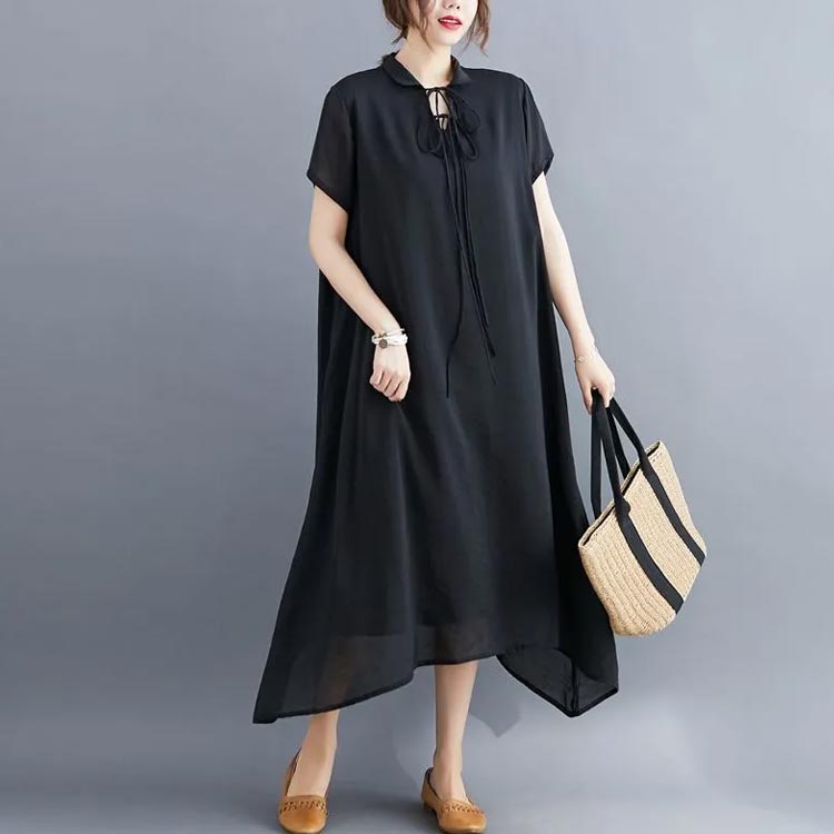 ワンピース アシンメトリー レディース ロングワンピース 体型カバー ワンピース フレア 半袖 シンプル 大人 XL 可愛い リボン きれいめ 着瘦せ 襟付き M L フレアワンピース