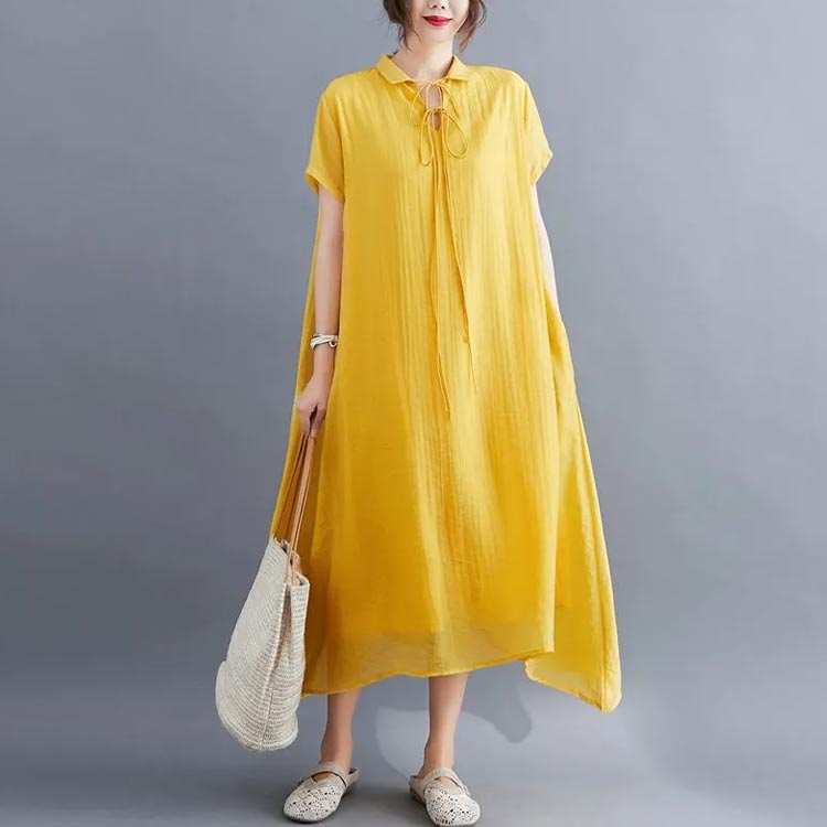ワンピース アシンメトリー レディース ロングワンピース 体型カバー ワンピース フレア 半袖 シンプル 大人 XL 可愛い リボン きれいめ 着瘦せ 襟付き M L フレアワンピース