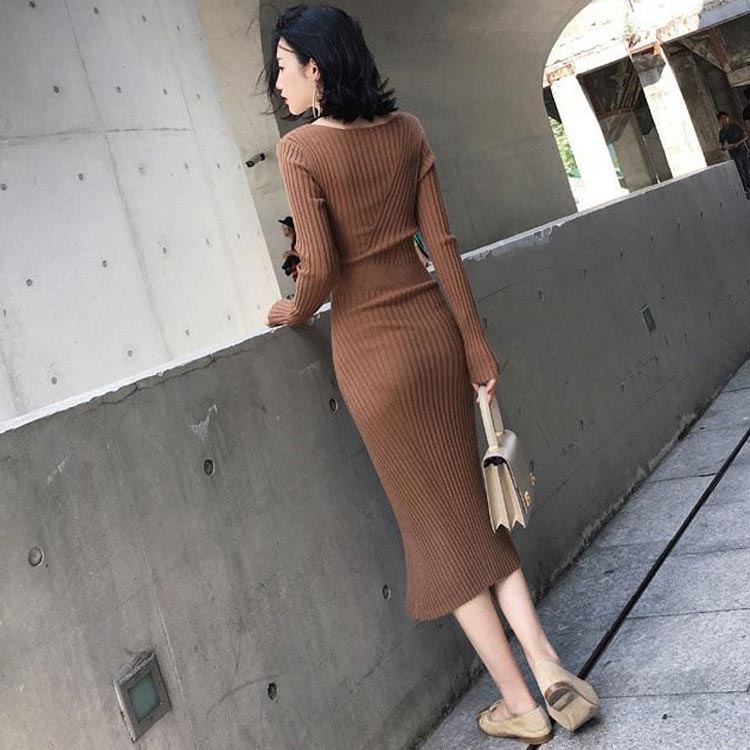 リブ ニット ワンピース 切り替え ストレッチ きれいめ ロング ひざ下 ロング丈 秋 冬 春 レディース セーター ミモレ ミモレ丈 膝下 タイト 長袖 Vネック 大きいサイズ 秋冬 リブニット オフィス カジュアル セクシー 黒 ベージュ ブラック ブラウン