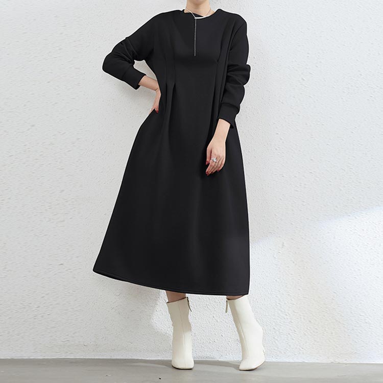 裏起毛 着痩せ ウエストタック ワンピース ロング 長袖 春 秋 冬 きれいめ ロング丈 ハイウエスト aライン カジュアル 大きいサイズ ラウンドネック タック ポケット付き ロングワンピース マキシ 丈 ロングワンピ -5kg見えウエストタックワンピース
