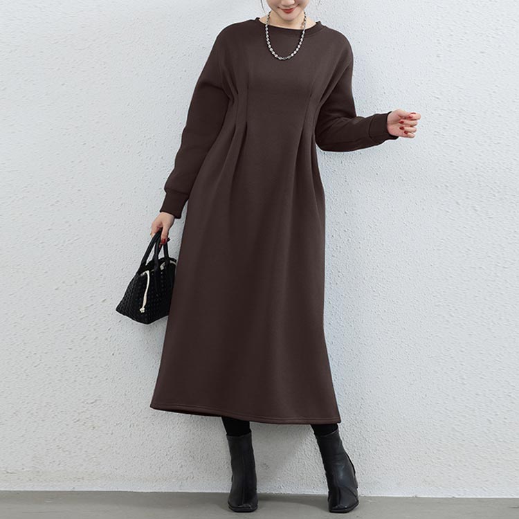 裏起毛 着痩せ ウエストタック ワンピース ロング 長袖 春 秋 冬 きれいめ ロング丈 ハイウエスト aライン カジュアル 大きいサイズ ラウンドネック タック ポケット付き ロングワンピース マキシ 丈 ロングワンピ -5kg見えウエストタックワンピース