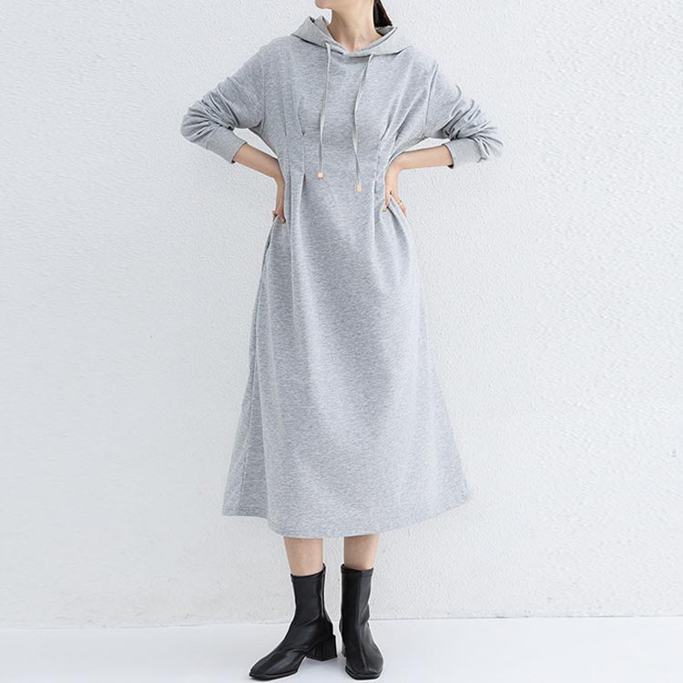 着痩せ ウエストタック ワンピース ロング 長袖 春 秋 冬 きれいめ ロング丈 ハイウエスト aライン カジュアル 大きいサイズ フード付き フーディー フード タック ポケット付き パーカーワンピース パーカーワンピ ロングワンピース マキシ 丈 ロングワンピ