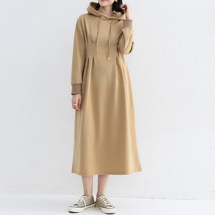 着痩せ ウエストタック ワンピース ロング 長袖 春 秋 冬 きれいめ ロング丈 ハイウエスト aライン カジュアル 大きいサイズ フード付き フーディー フード タック ポケット付き パーカーワンピース パーカーワンピ ロングワンピース マキシ 丈 ロングワンピ