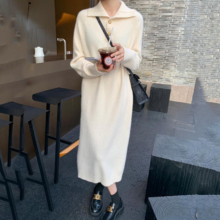 長袖 ニットワンピース ミモレ丈 ニットワンピース ロング レディース シャツ風襟 ポロ襟 ニット ワンピース カシミアタッチ ニット ロング ワンピース 通勤 オフィス デート 春 秋 冬 送料無料