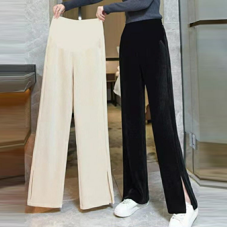 ストレートパンツ ワイドパンツ プリーツ ゆったり レディース カジュアルパンツ M 2XL パンツ シェニール風 脚長 マタニティウェア マタニティ L XL サイドスリット入り