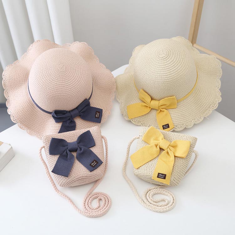 ゴム紐付き リボン麦わら帽子+ミニショルダーバッグのセット！麦わら帽子 ベビー帽...