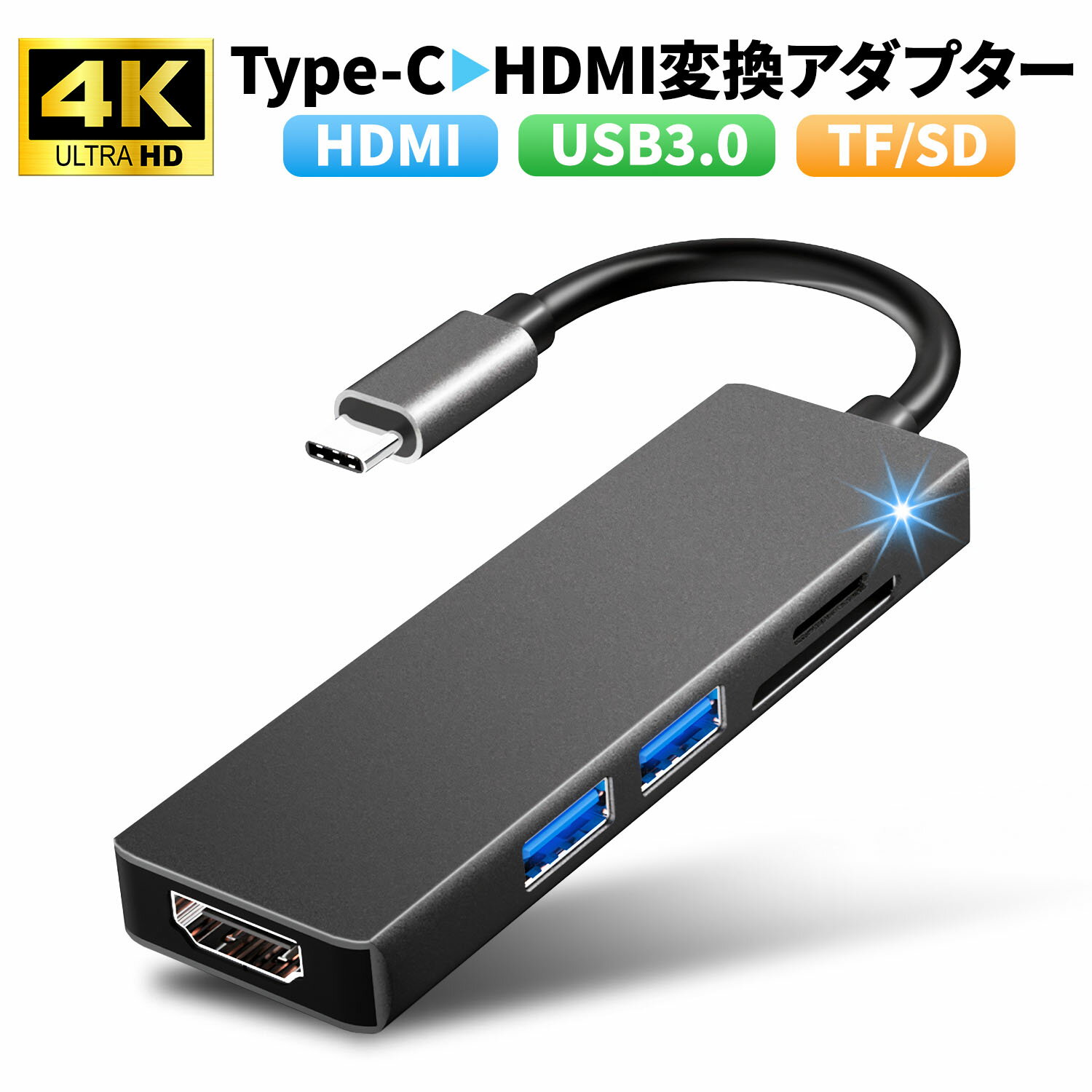 USB Type-C ハブ 5in1 SDカードリーダー HDMI ポート 4K USB 3.0 PD対応 SD/Micro TF カードリーダー 変換 電源 USB変換アダプター ケーブル microSD