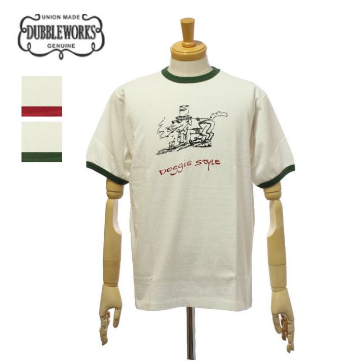 ダブルワークス 34006 「DOGGIE STYLE」 5.4ozラフィスラブ天竺 リンガーTシャツ 半袖 クルーネック メンズ DUBBLE WORKS