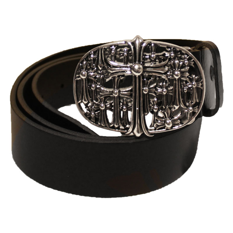 送料無料 ベルト メンズ 本革 ブランド クロスベルト クロス 十字架 型押し 刻印 セメタリークロス マルチクロス レザー BLACK ブラック Silver クロム クローム メッキ 銀メッキ