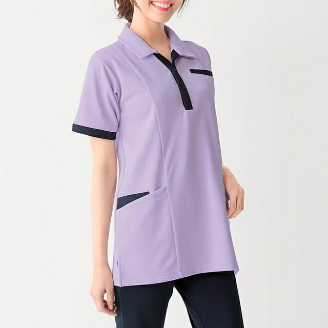 【26％OFF】ナノプラチナ抗菌防臭 さらっと凹凸素材衿元配色ワークシャツ(男女兼用)速乾 作業着 作業服 ポロシャツ 半袖 レディース メンズ ユニフォーム 介護士 ウェア 保育士 看護師 医療 アンファミエ