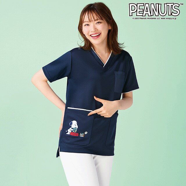 [スヌーピー]ポケット刺繍ストレッチスクラブキャラクター スクラブ 白衣 医療 ナース ナース服 ナースウェア 可愛い レディース クリニック 制服 看護師 介護士 歯科医 クリニック アンファミエ