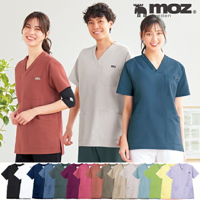 moz モズ なめらかストレッチ肩スナップスクラブ(男女兼用)スクラブ 白衣 かわいい 医療 メンズ ナース服 医療用 レディース女性 男性 半袖 看護師 調理 ナース 介護士 アンファミエ