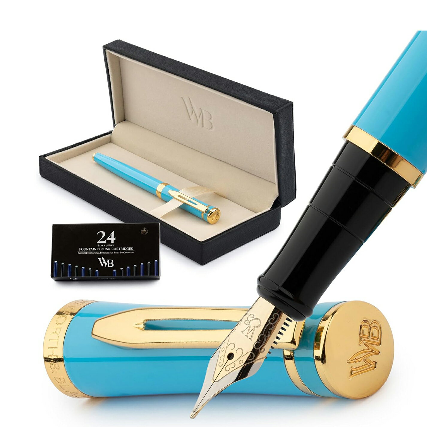 【訳あり】Wordsworth Black 万年筆セット（中字ニブ）インクカートリッジ6本＋コンバーター付き ギフトケース入り ジャーナリング カリグラフィー用 滑らかな書き心地 スカイブルー 男女兼用