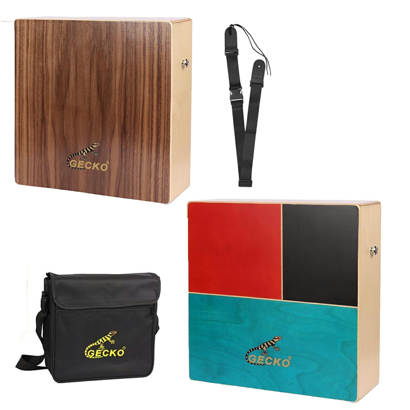 GECKO Cajon Drum, Dual-Sided Design (One Side Triple Bongo Tone, Other Side Guitar String Cajon Sound), Made of Birch and Walnut, with Oxford Bag