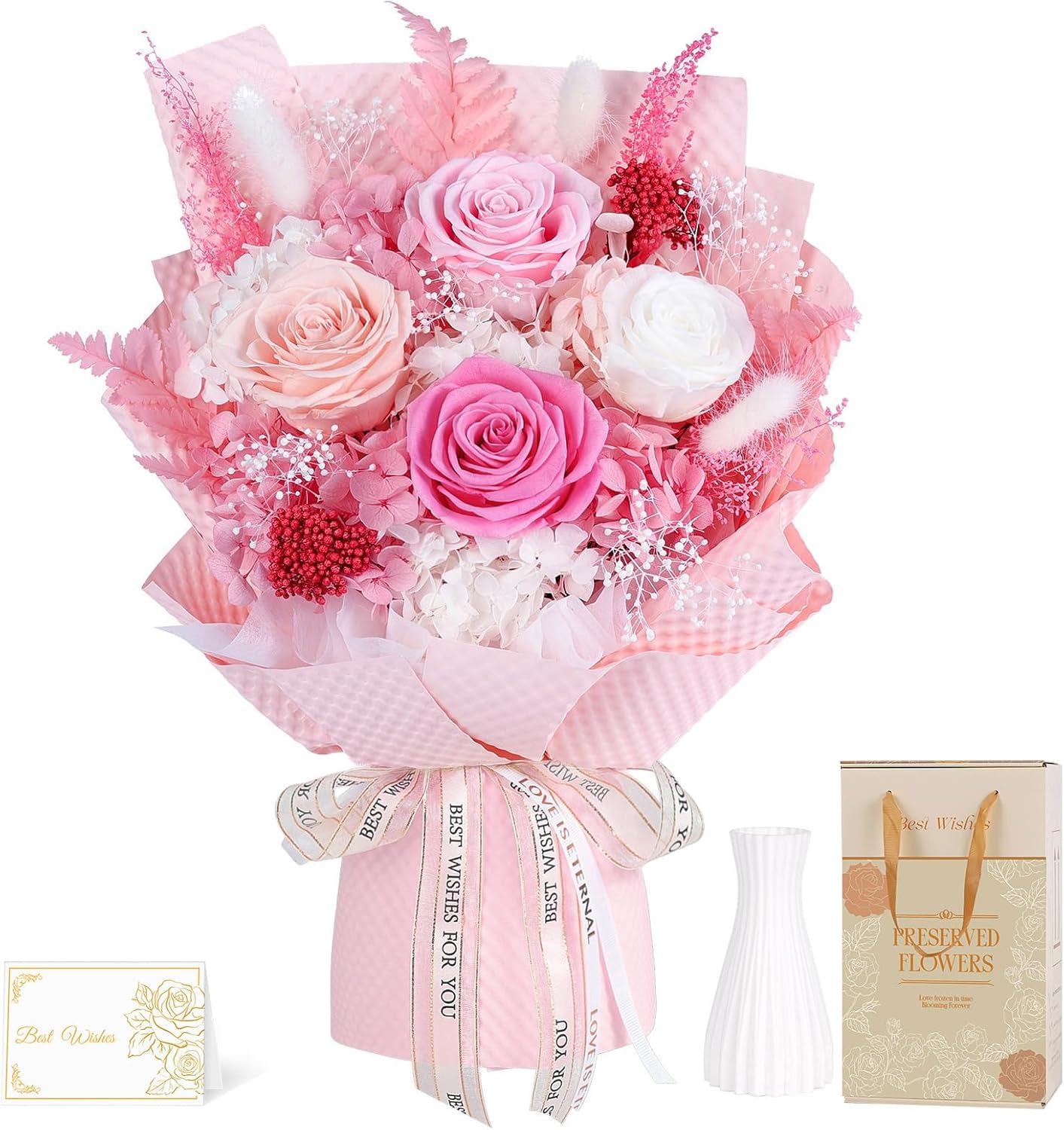 Rakuten - MAMAMIKO プリザーブドフラワー ピンク色 花束 4本薔薇 香りあり 花瓶付き 枯れない花 誕生日 記念日 プレゼント 卒業式