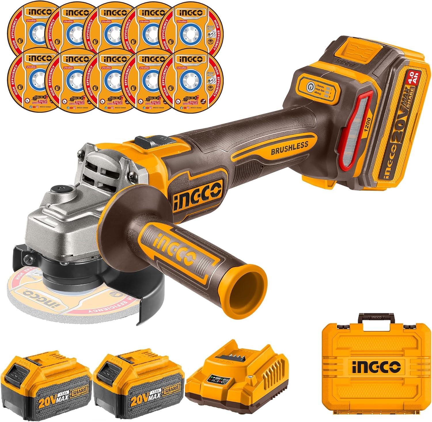 INGCO 20V 1200W �����ɥ쥹���󥰥륰�饤����� 125mm M14 2�Ĥ�4.0Ah�Хåƥ꡼��1�Ĥν��Ŵ��դ� 10����Υ��åƥ��󥰥ǥ�����...