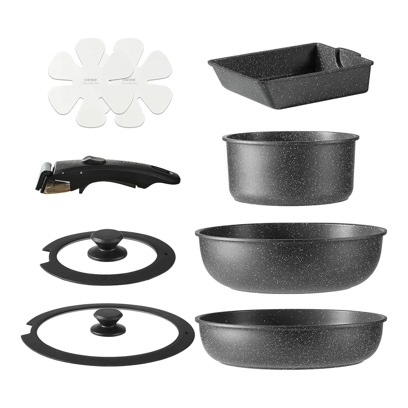 CAROTE 9-Piece Cookware Set IH/Gas, PFOA/PFOS Free, Detachable Handle, Black EW Series