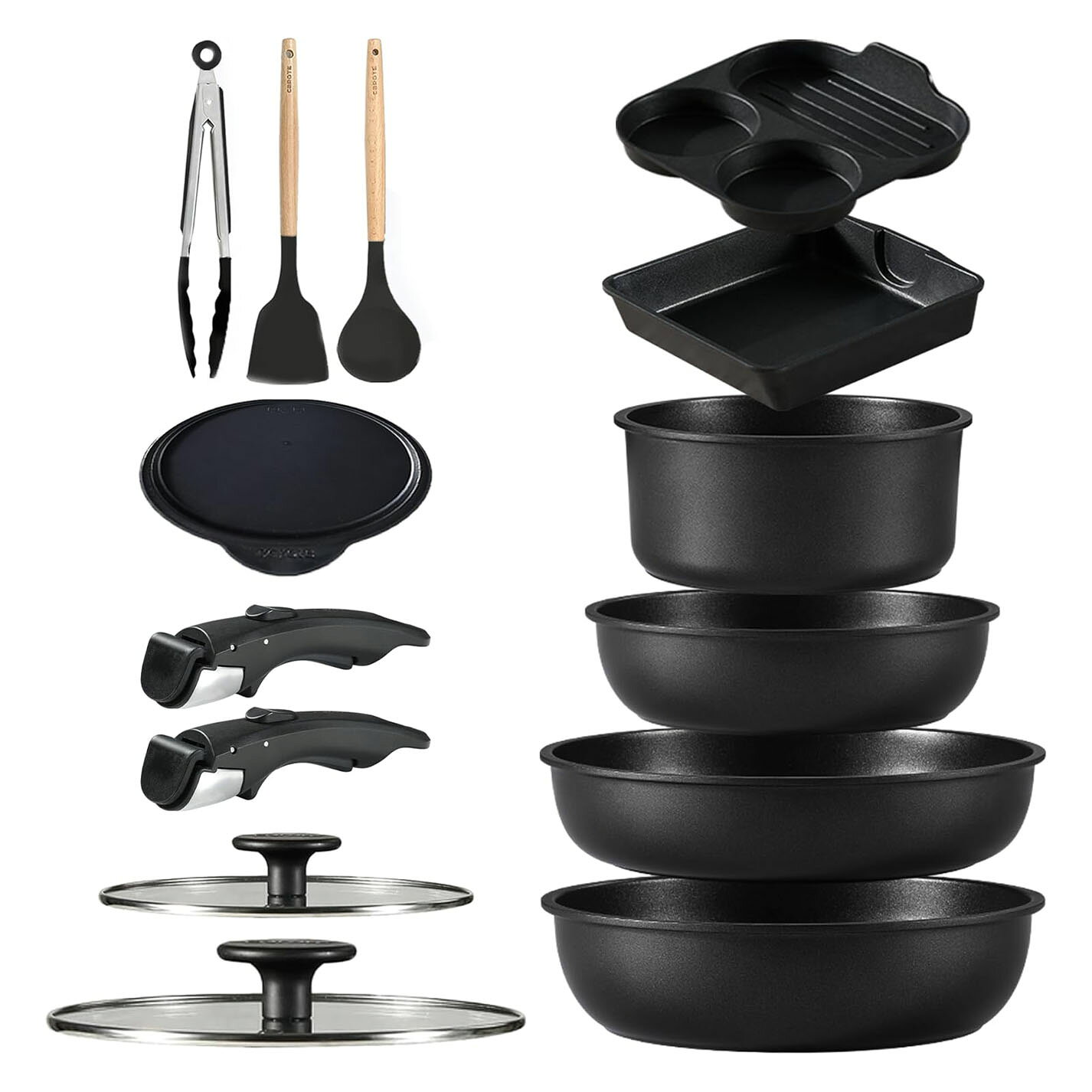 Defective CAROTE 14-Piece Cookware Set IH/Gas, PFOA-Free, Titanium Coated, Black