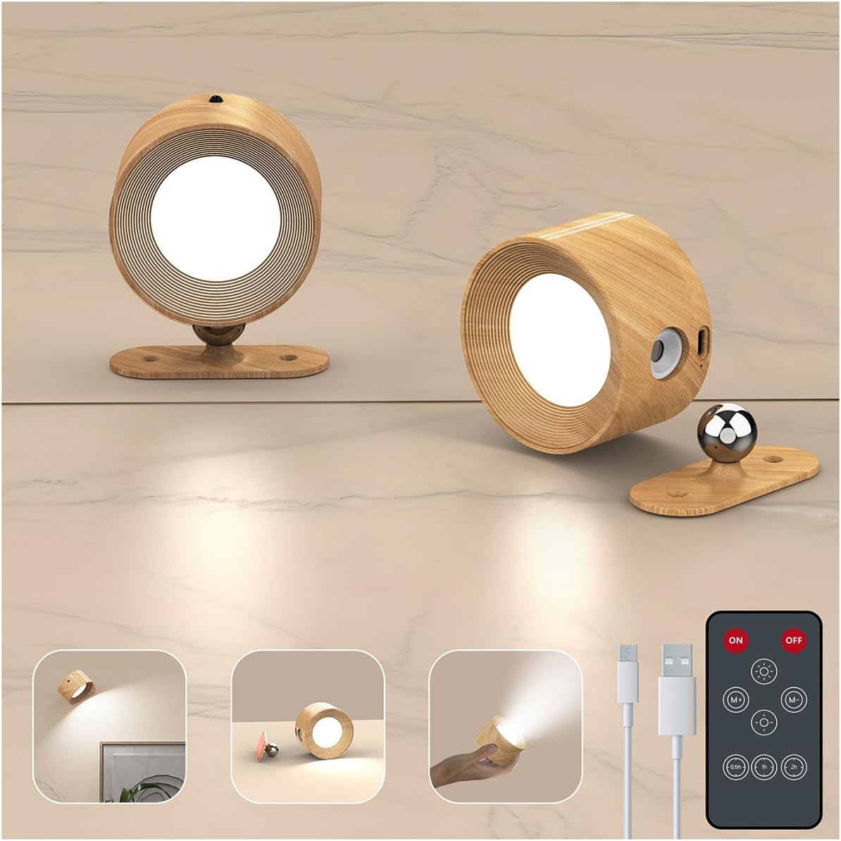LED Wall Sconce (2-Pack) Indirect Lighting, Magnetic, No Wiring, USB Rechargeable, 3 Color Temps + 10 Brightness, with Japanese Manual