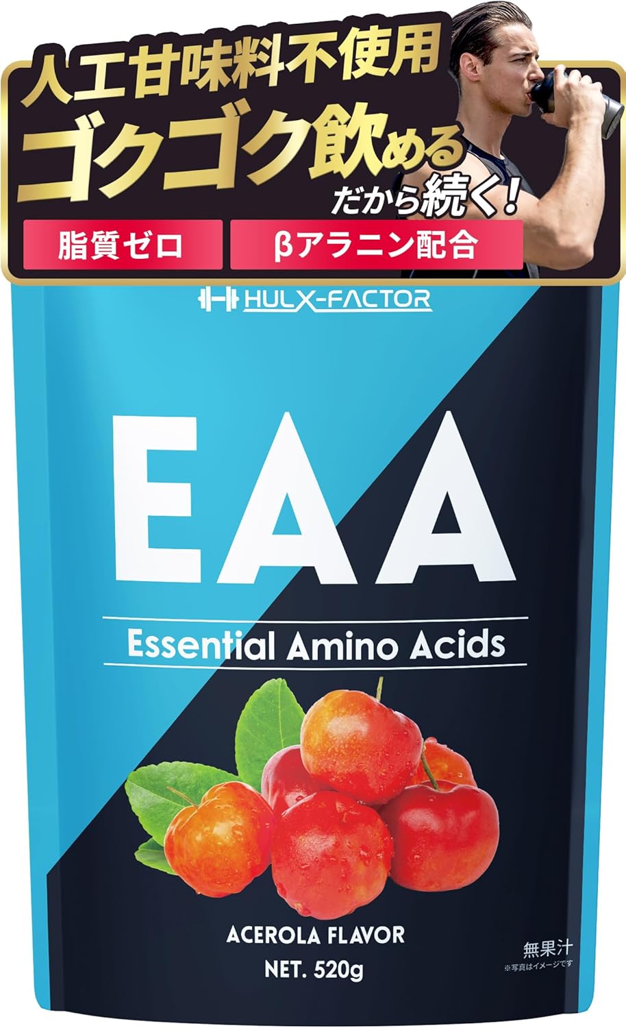 【新品】EAA 人工甘味料不使用 アセロラ風味 ハルクファクター オールインワン配合 BCAA クエン酸 βアラニン 必須アミノ酸 サプリ 国産 520gのサムネイル