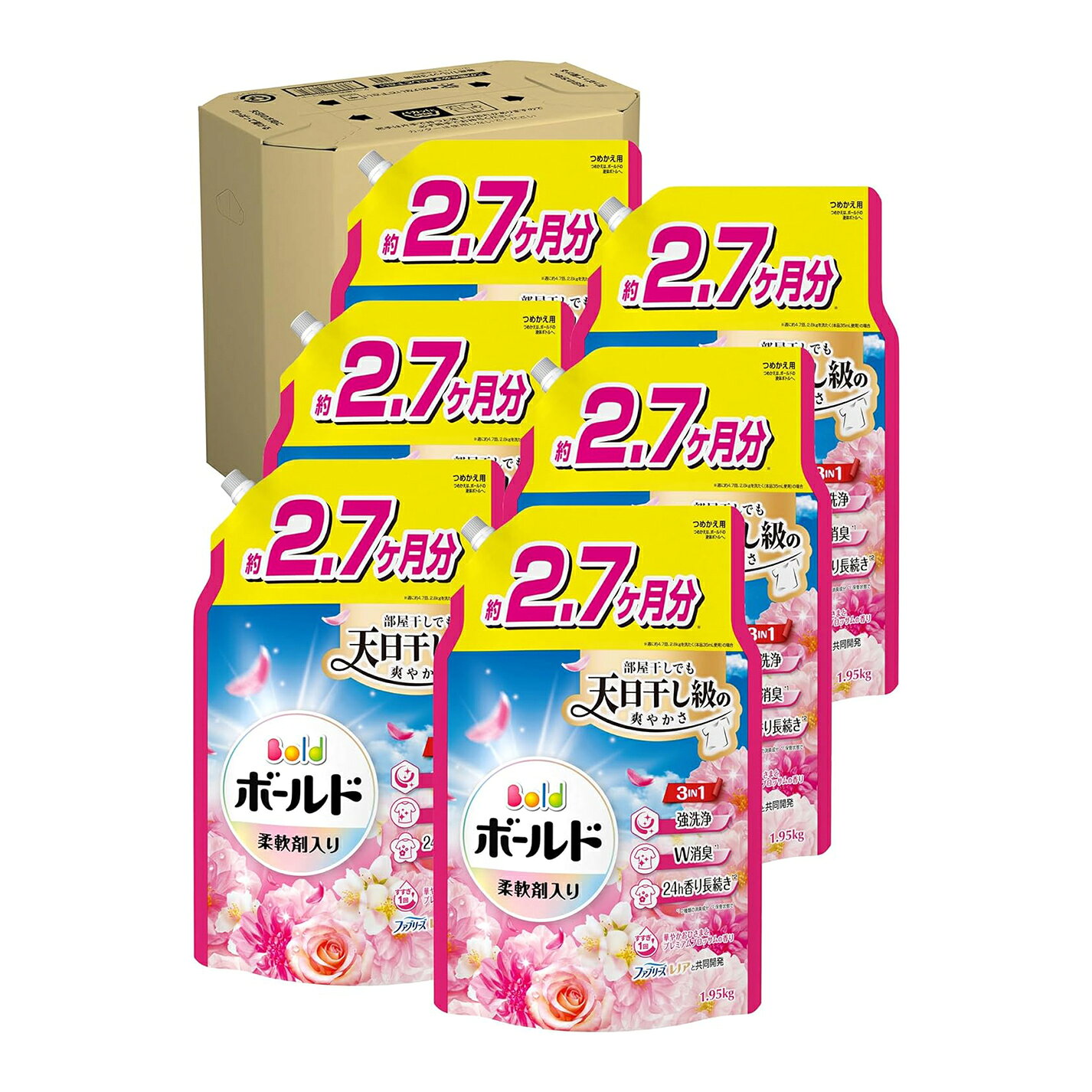 【訳あり】Bold ボールド 柔軟剤入り 洗濯洗剤 液体 華やかおひさまとプレミアムブロッサムの香り 詰め替え 1950g×6袋