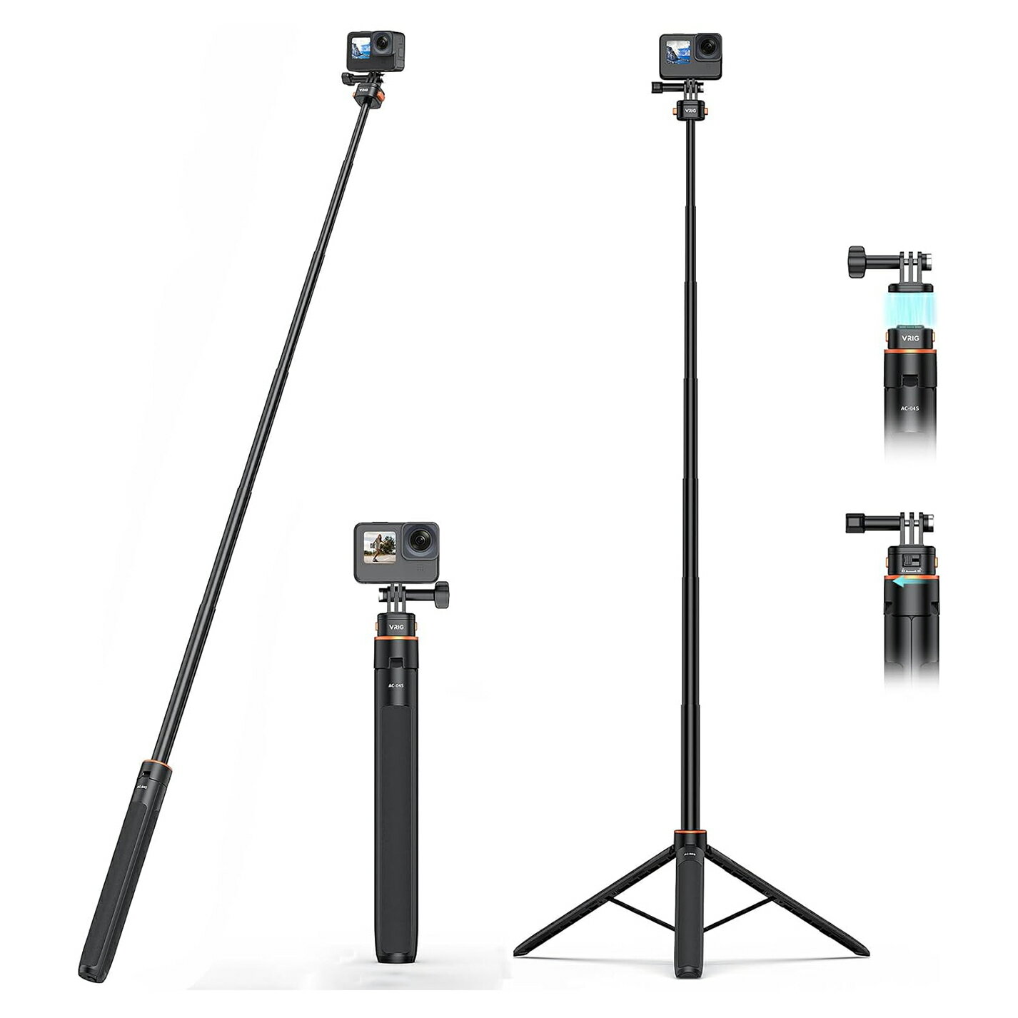 樂天商城 - VRIG 63インチ 自撮り棒三脚 Go pro用 AC-04S 伸縮式カメラ三脚 マグネット式クイックリリースマウントアダプター付き