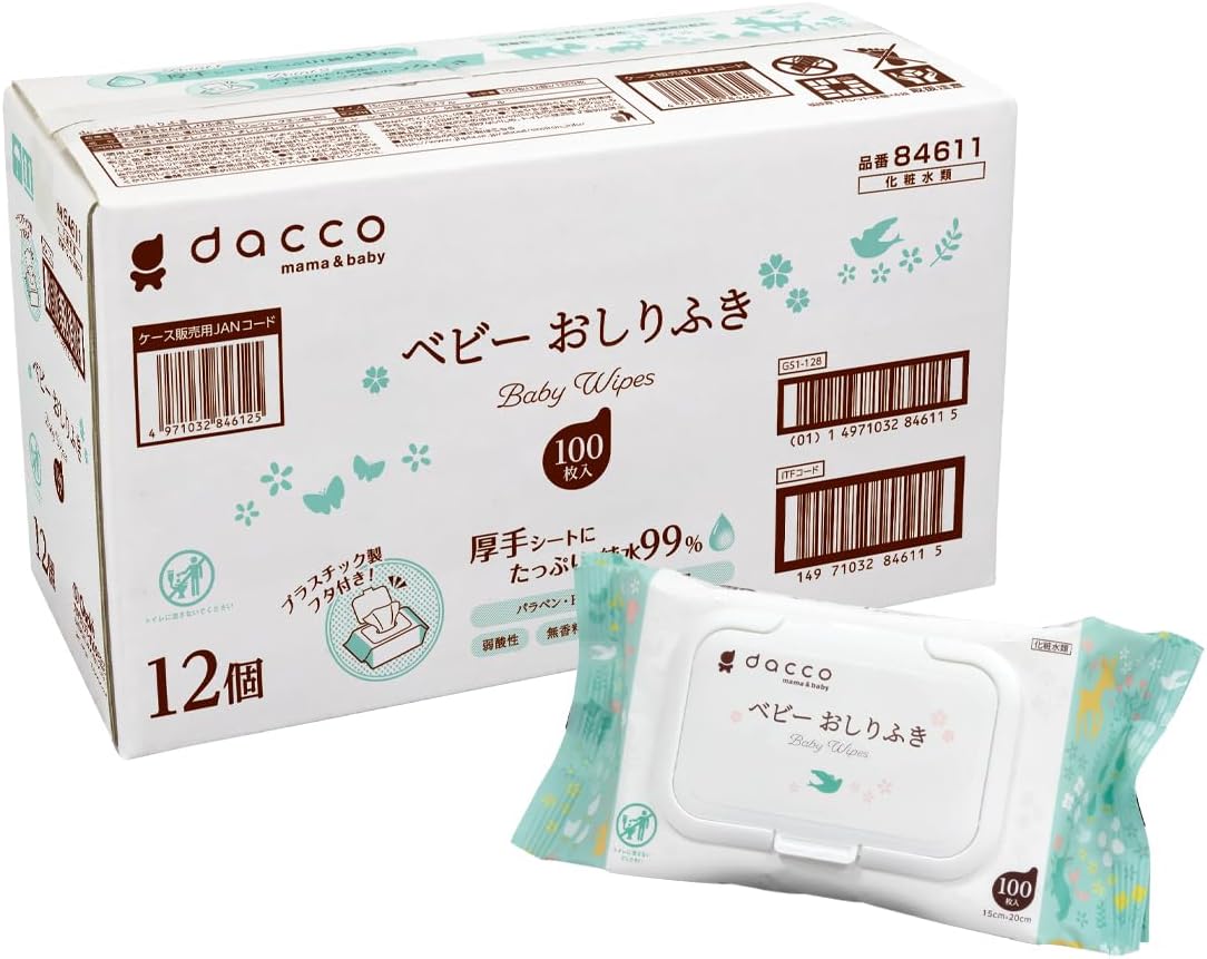 【外装箱訳あり】dacco(ダッコ) ベビーおしりふき ふた付 1200枚(100枚入×12個) 大容量 お徳用 厚手シート たっぷり純水99% 84612