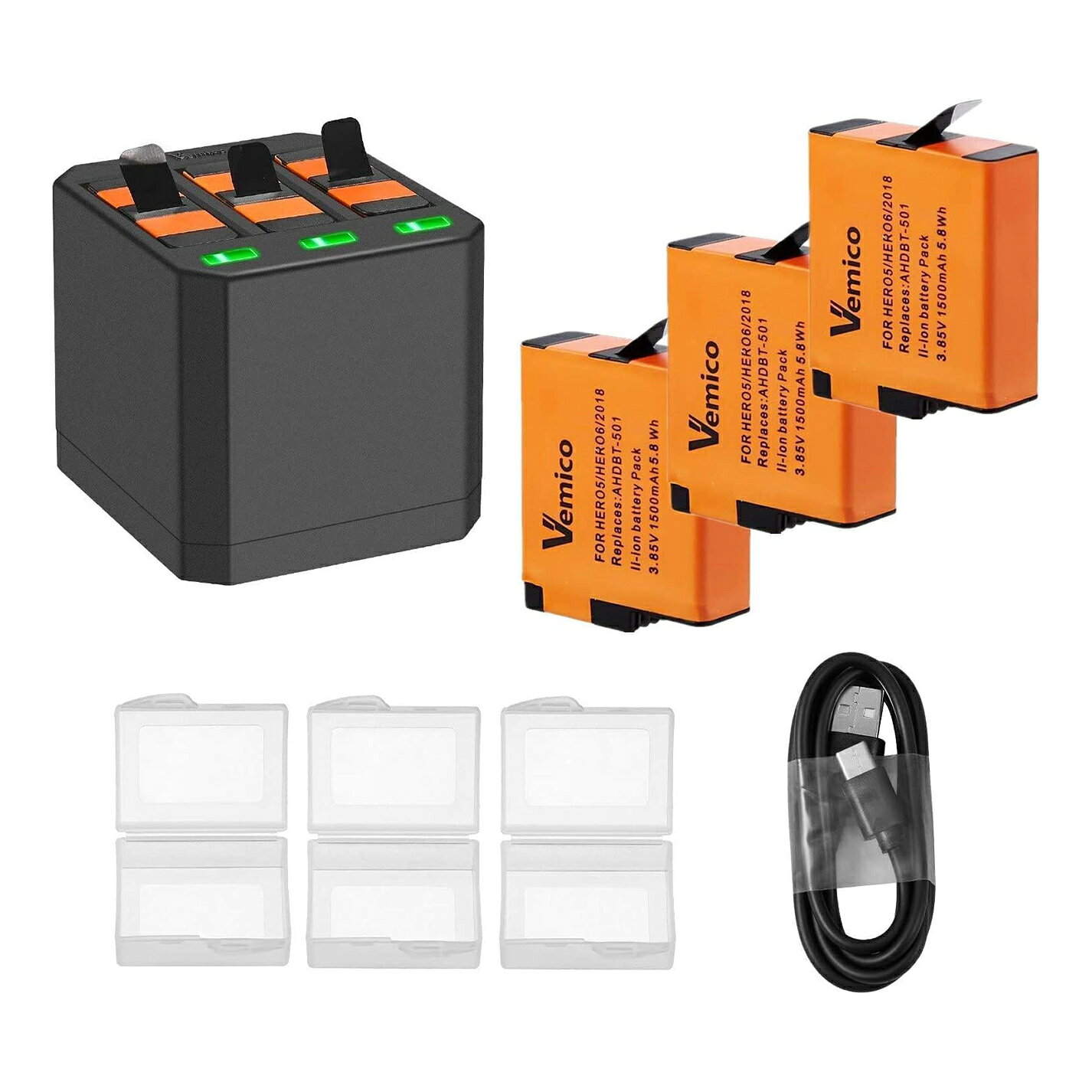[Used] Vemico Hero 7 Battery Fast Charger Set 3*1500mAh Large Capacity Battery 3-Piece Set Simultaneous Charging Possible Type-C USB Storage Box (Compatible with Hero 7/5/6 Black Camera) PSE Certified