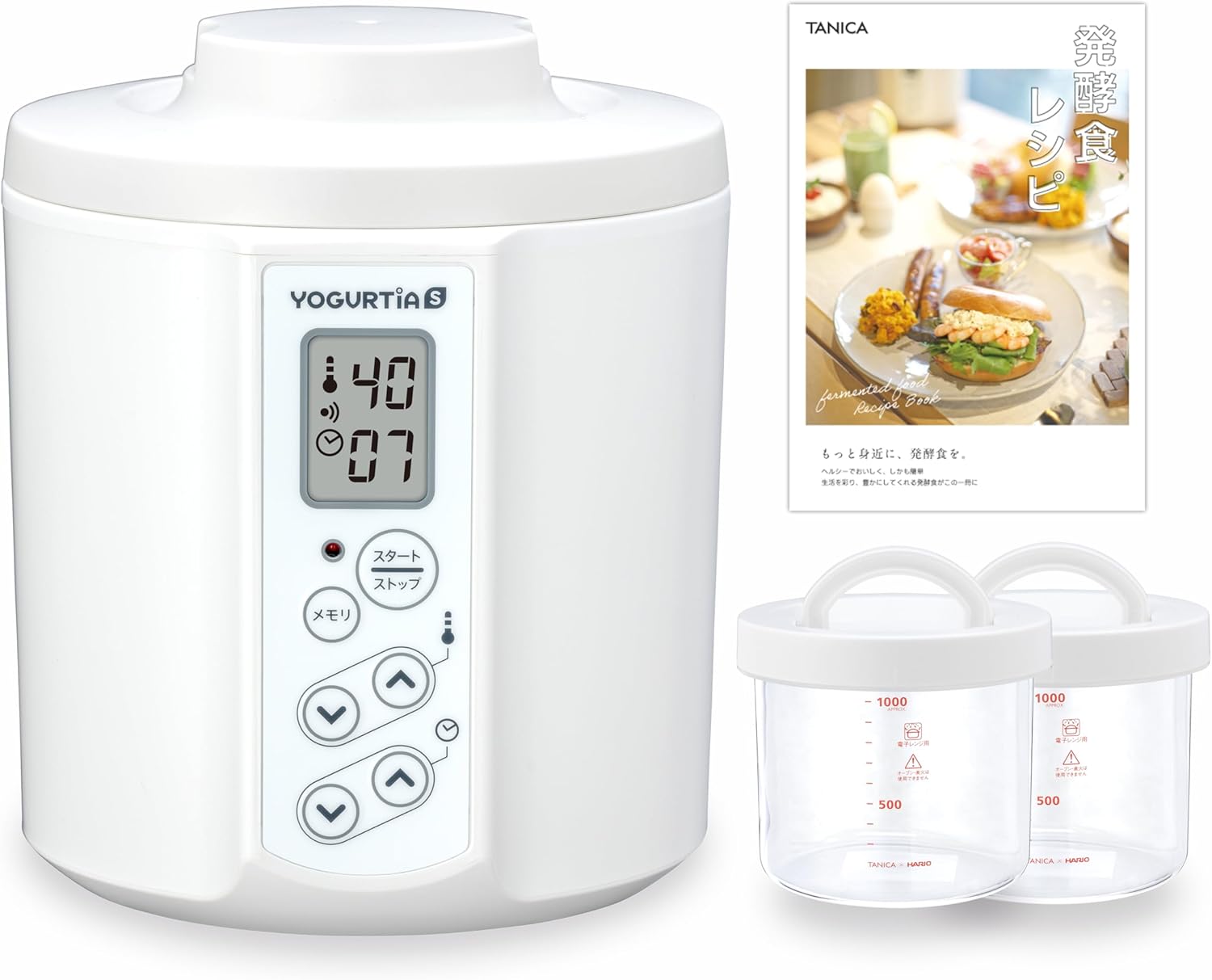 TANICA ヨーグルトメーカー HARIOガラス容器2個セット 温度調節(25～70℃) ・タイマー・メモリ・ブザー付 1100ml YS-02GW (ホワイト) ヨーグルティアS B0BPWL1ZHS