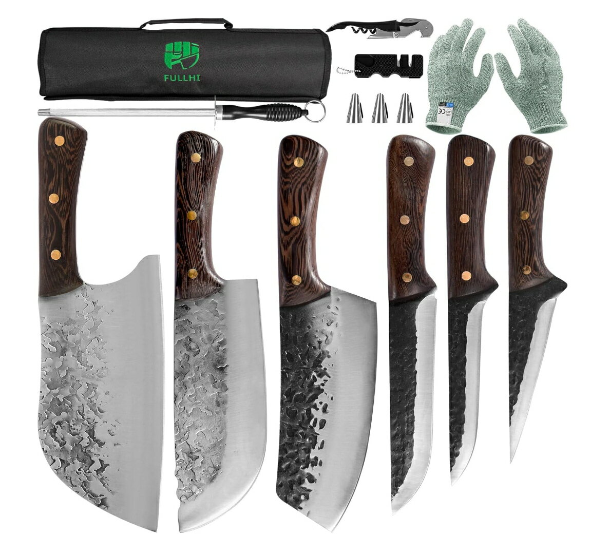 【訳あり】FULLHI シェフ/ブッチャーフィッシュナイフセット 12個セット 高炭素鋼 手鍛造ボーニングバーベキューナイフセット バッグ付き キッチン キャンプ バーベキュー用
