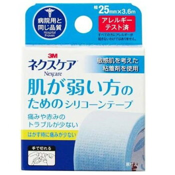 ※北海道、沖縄、離島に関しては別途送料がかかる場合があります。肌へのやさしさを第一に考えた独自開発のシリコーン粘着剤を使ったテープです。はがすときに皮膚をほとんど傷めず痛みも少ない&かぶれや赤みなどのトラブルも少ない設計です。外からの水を通さず皮膚からの水蒸気を透過します。やさしくはがせるシリコーンテープをご家庭用として製品化しました。※10分間シャワーテスト済※全ての方にアレルギーが起きないわけではありません。サイズ幅25mm×3.6m個装サイズ：2.8×5.6×7.5cm重量個装重量：22g仕様アレルギーテスト済み生産国ドイツfk094igrjs肌へのやさしさを第一に考えた独自開発のシリコーン粘着剤を使ったテープです。はがすときに皮膚をほとんど傷めず痛みも少ない&かぶれや赤みなどのトラブルも少ない設計です。外からの水を通さず皮膚からの水蒸気を透過します。やさしくはがせるシリコーンテープをご家庭用として製品化しました。●こちらの商品は、北海道・沖縄・離島への配送は、別途送料がかかる場合がございますので、予めご了承くださいませ。