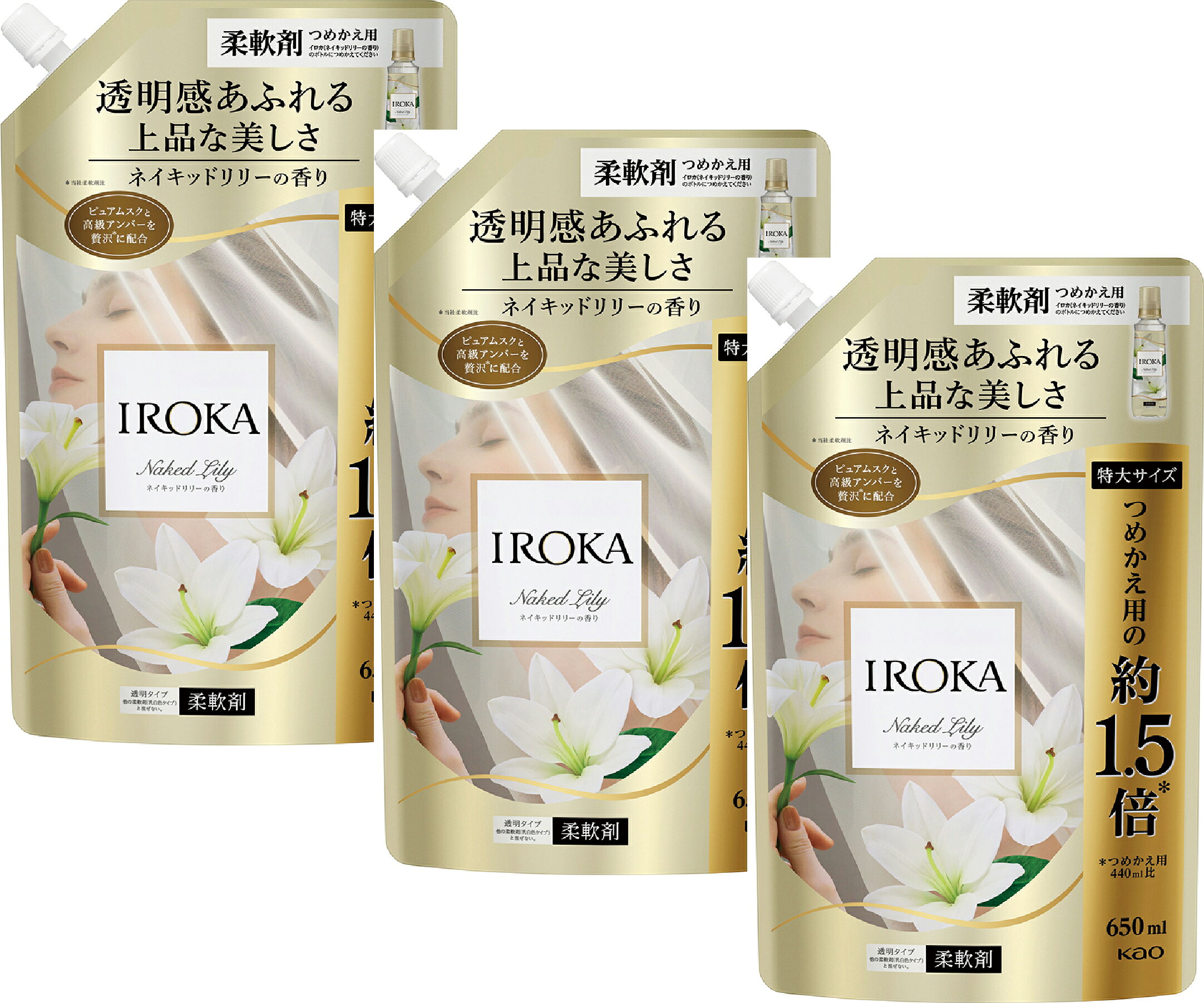 香水のように香り高いプレミアム柔軟剤IROKA。 素肌のあたたかさを想わせる「ピュアムスク」と、香水には欠かせない「高級アンバー」を贅沢に使用。 香水のように上質、なのに透明感あふれるその香りは、あなたらしい美しさを、上品にさりげなく引き立てる。 透明感あふれる上品な「ネイキッドリリー」の香り。 原材料・成分 界面活性剤（エステル型ジアルキルアンモニウム塩、ポリオキシエチレンアルキルエーテル）、安定化剤、香料