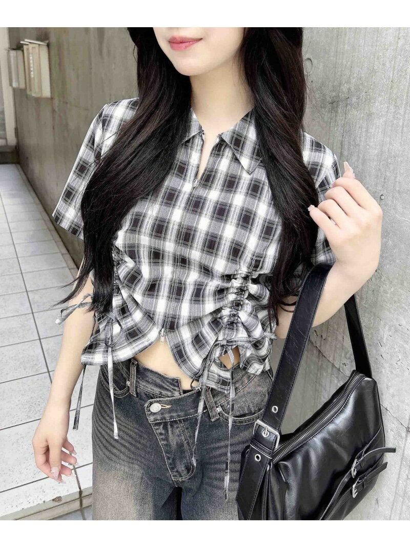 フロントジップチェック柄ドロスト半袖シャツ INGNI イング トップス シャツ・ブラウス ネイビー ブラック[Rakuten Fashion]のサムネイル