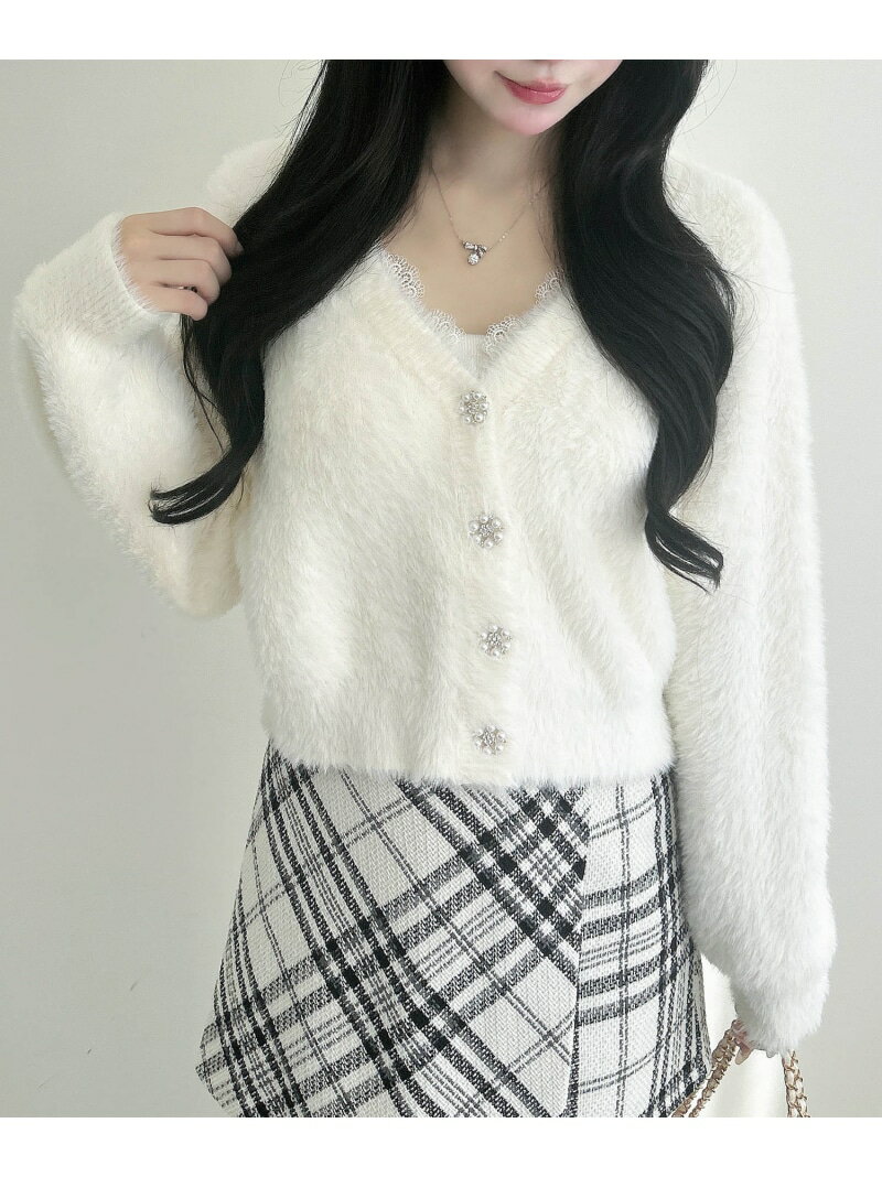 【SALE／10%OFF】5Gレース付フェザーニットCD INGNI イング トップス カーディガン ホワイト ピンク ブラウン グレー【RBA_E】[Rakuten Fashion]