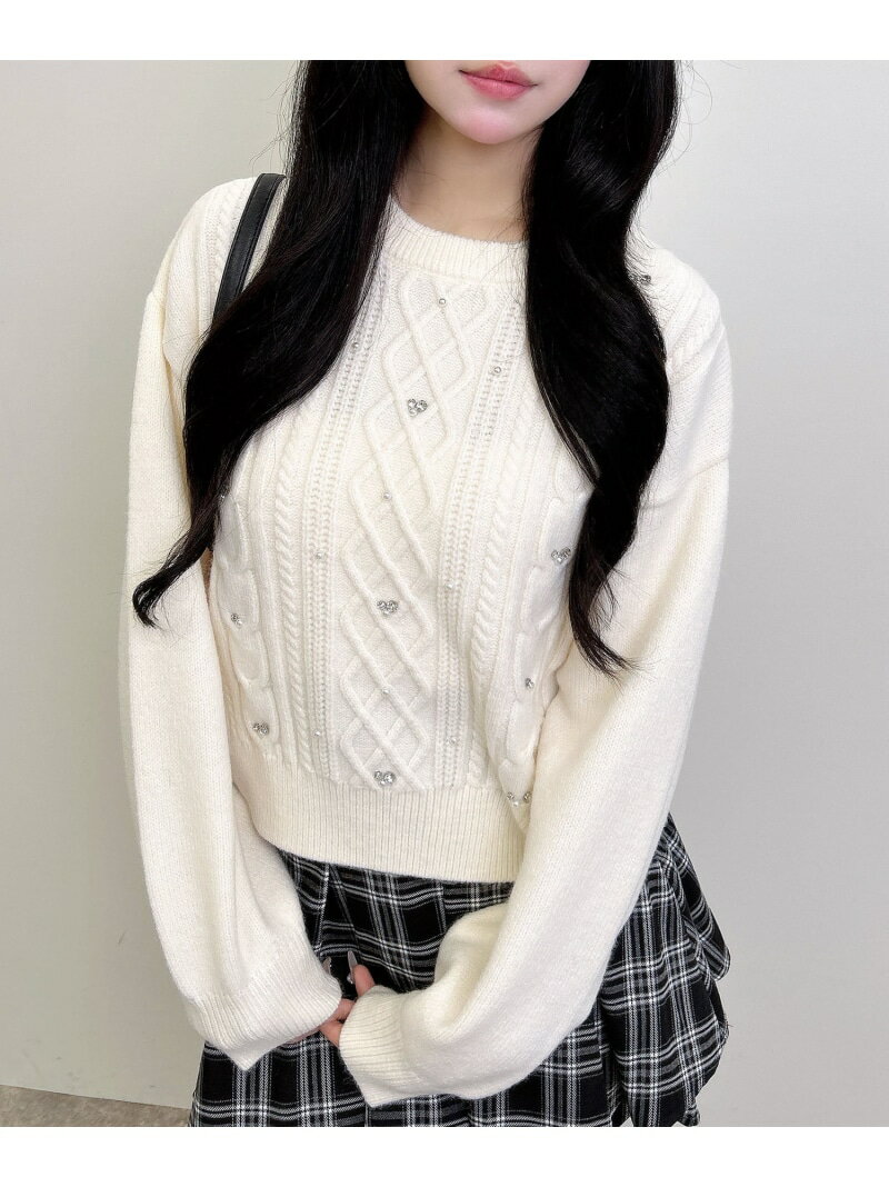 7Gもちもちビジュパール付きケーブルニット INGNI イング トップス ニット ホワイト ブラック レッド グレー ピンク[Rakuten Fashion]のサムネイル