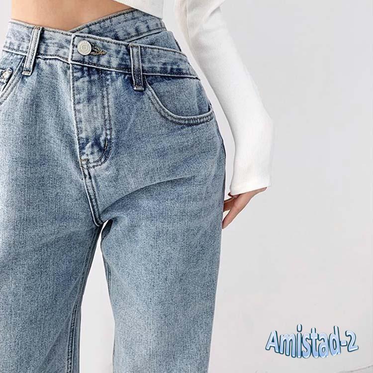 樂天商城 - デニム レディース パンツ ストレート ウオッシュ加工 おしゃれ 個性的 アシンメトリー クロスデザイン ロングパンツ ロング セクシー 韓国 メール便送料無料