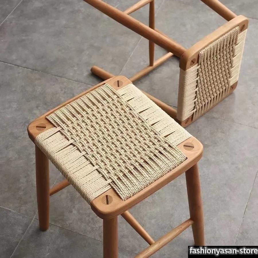 Rakuten - スツール 木製 四角 バーチェア 天然木 ラタン 籐 チェリー 無垢材 ウッドスツール ダイニングチェア リビングチ