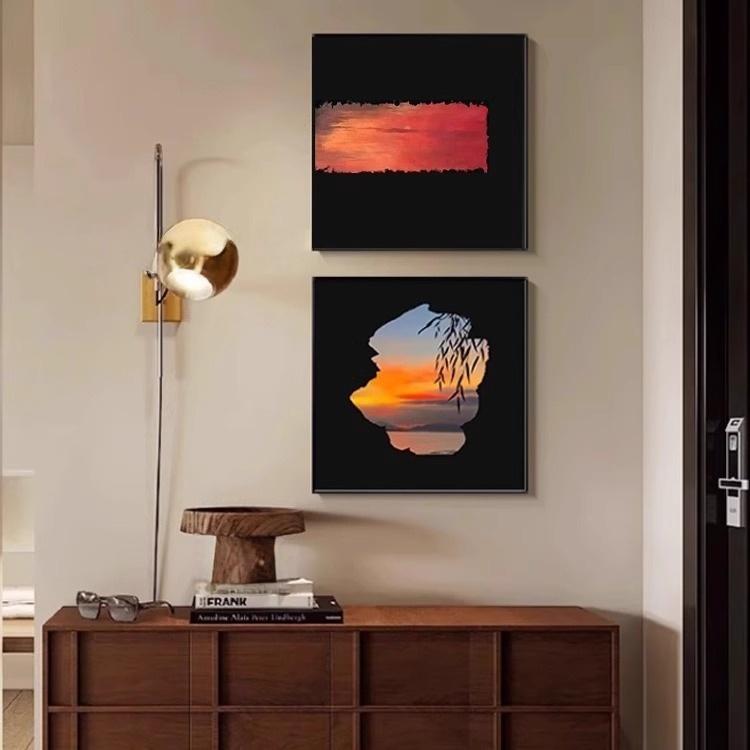 Rakuten - 【落日ムード絵画】ヴィンテージ組絵 キャンバスアート 70×70cm 無地額付き カフェ風インテリア 壁面装飾 リビング/飲食店/民宿用