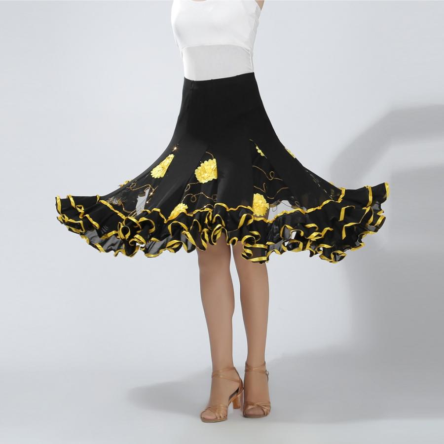 乐天商城 - ドレス スカート ロング 女性 刺繍 ダンス用服 衣装 舞踏会 ラテン タンゴ 発表会 宴会 コンサート 全4色 - 黄