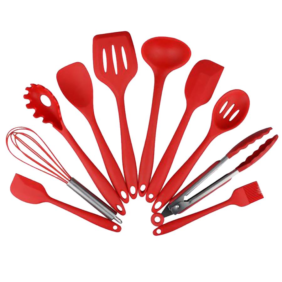 乐天商城 - ノーブランド品 シリコン製 キッチン用品 キッチンツール 10点セット へら 泡立て器 フライ返し おたま 穴あきおたま トング 3色選ぶ - 赤