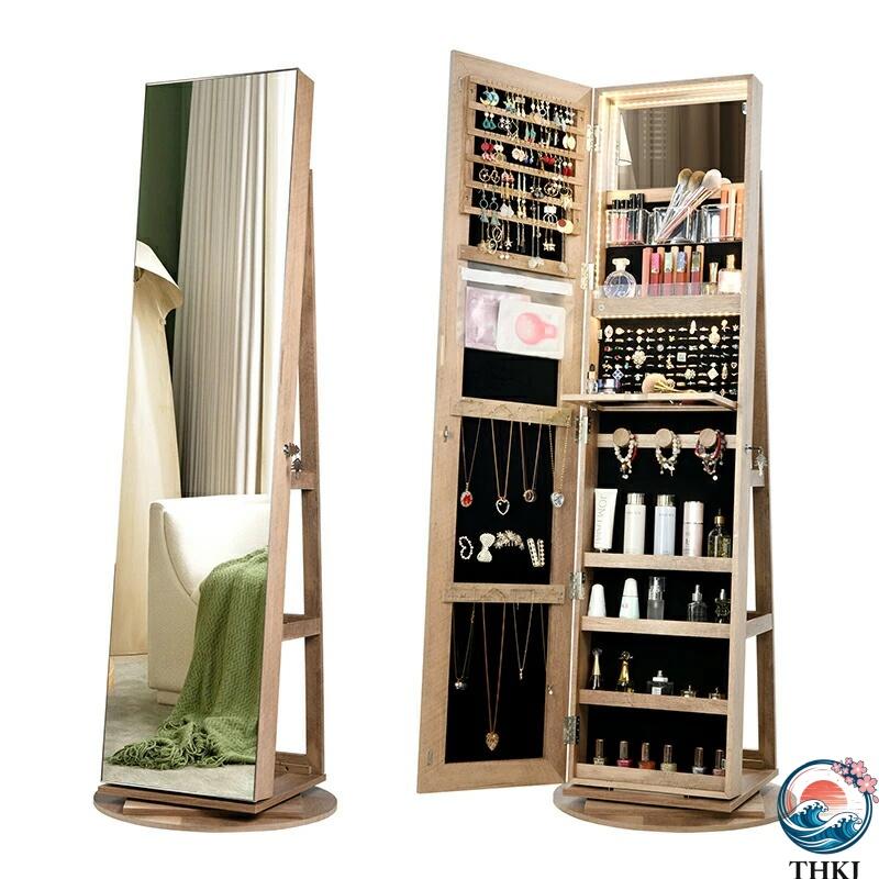 Rakuten - 全身鏡 スタンドミラー 360度回転 ドレッサーミラー キャビネット付き アクセサリー収納 鏡付き収納庫 独立ロック 鍵付