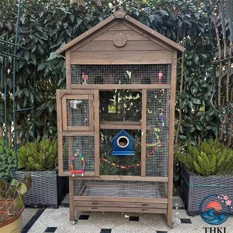 インコ ケージ 屋外 木製 鳥かご トリカゴ セキセイインコ ケージ 鳥籠 大型 防風カバー 取り外し可能な底トレイ サイレントユニバーサルキャスター付き 鳥小屋
